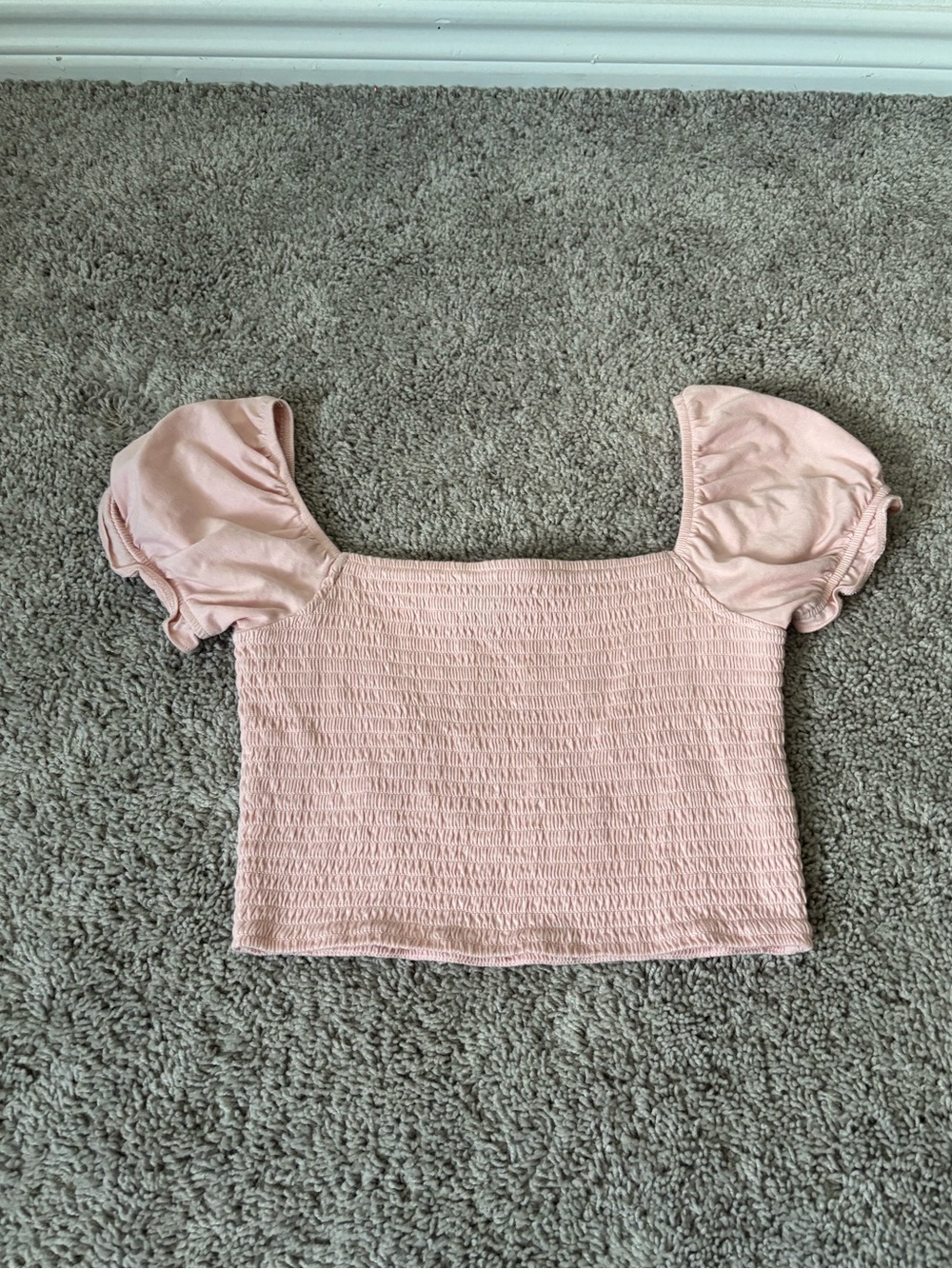 Forever 21 Blush Pink Smocked Square-Neck Puff Sleeve Crop Top
